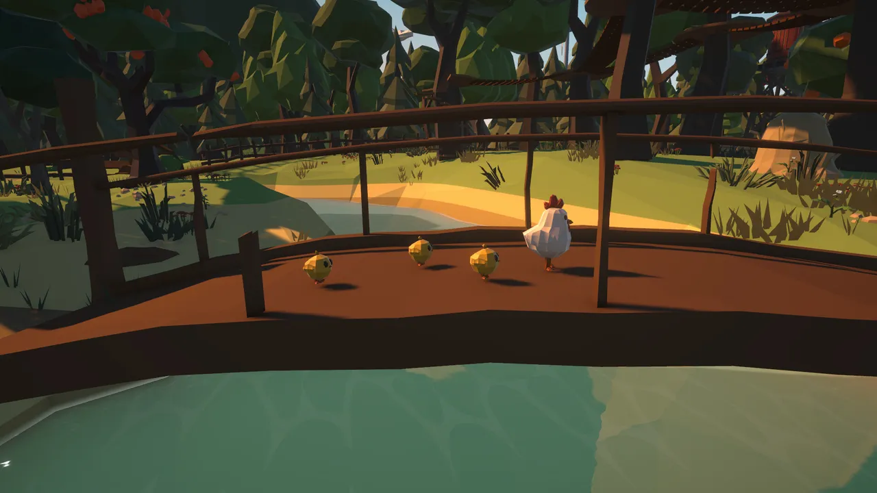 A hen leads three chicks across a wooden bridge over the river.