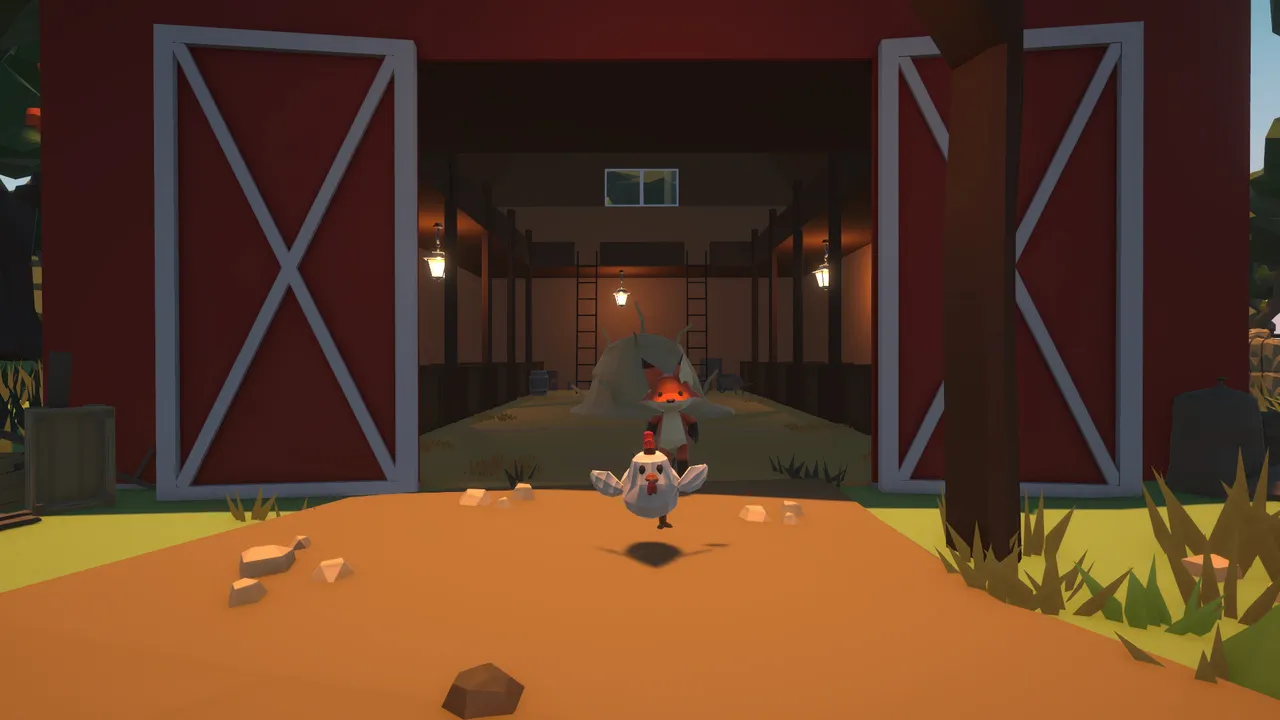 A hen bolts out of the open doors of a red barn with a fox right behind it.