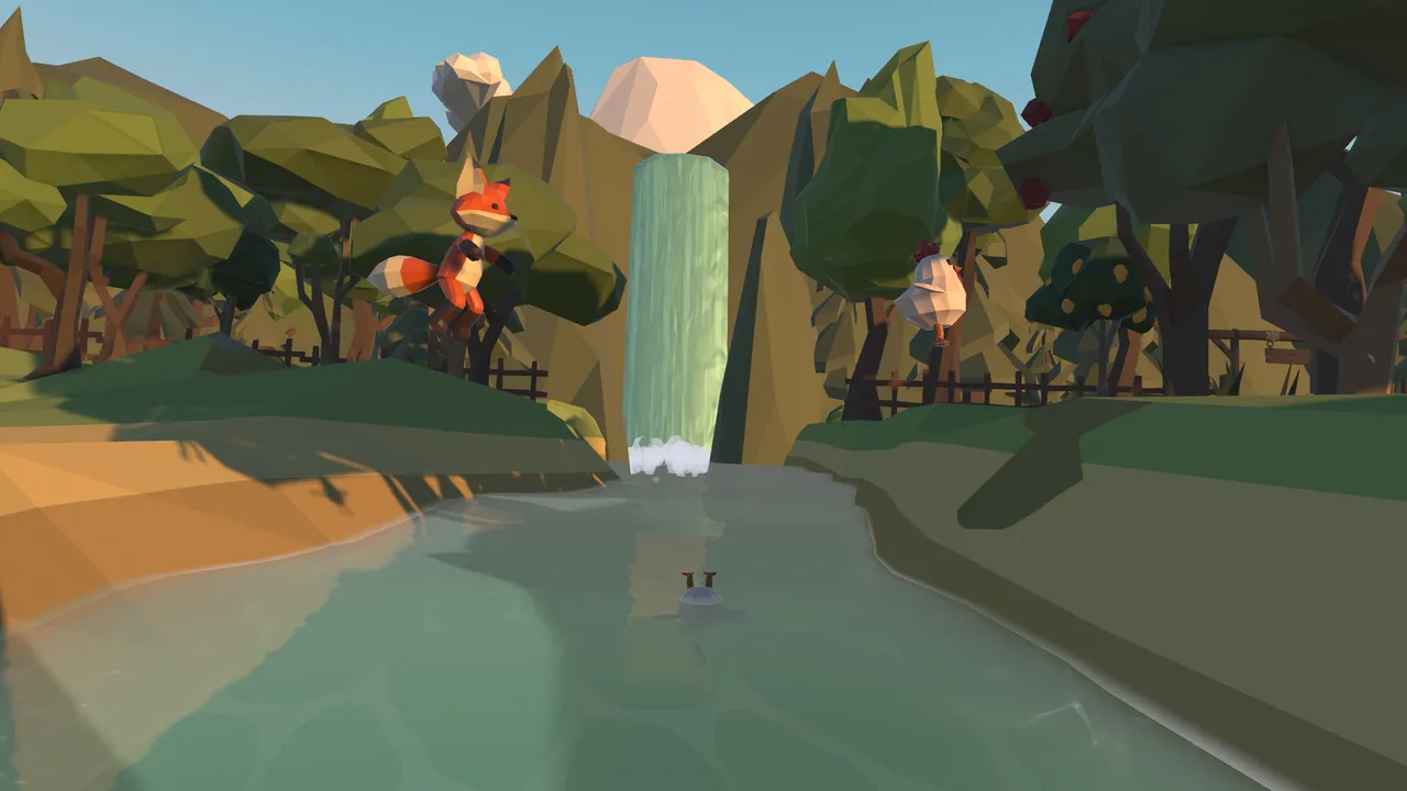 A fox and a hen leap across the river in front of a waterfall.