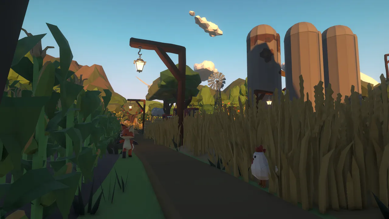 A fox walks the path between two fields while a hen hides in the tall wheat beside it, under three silos.