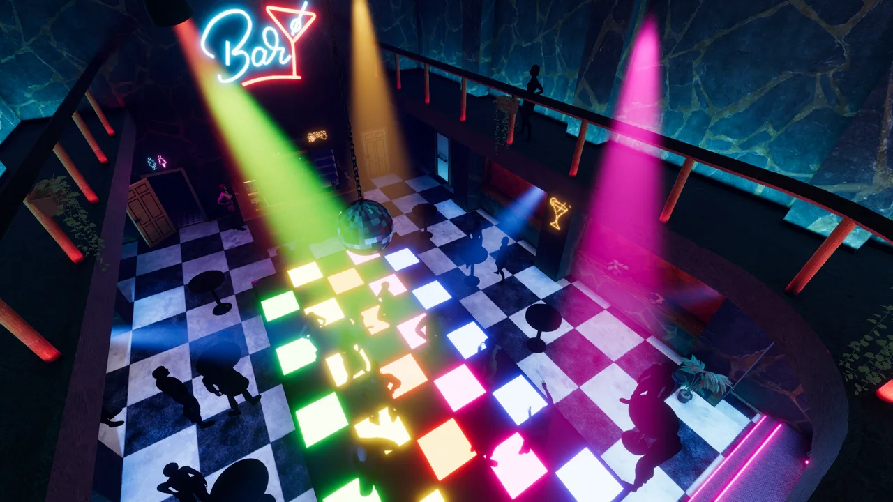 A disco seen from above: a lit dance floor, a mirror ball, coloured spotlights and a neon Bar sign.