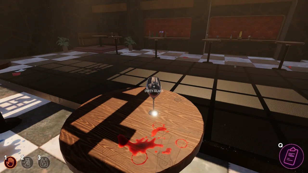 A dirty glass on a round wooden table beside a red spill, waiting to be cleaned up.