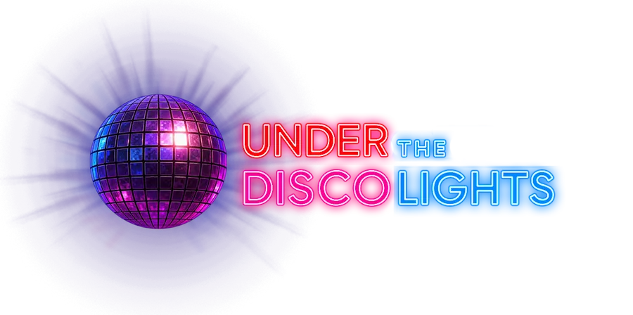 The Under the Disco Lights logo on two lines, with the mirror ball to the left of the name.